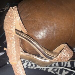 Bella Marie Glitter Block Heel Sandals in Rose Gold Sparkle